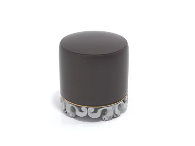 Elegant Black Round Leather Stool With Silver Curved Scroll Pattern Base Design 3d model