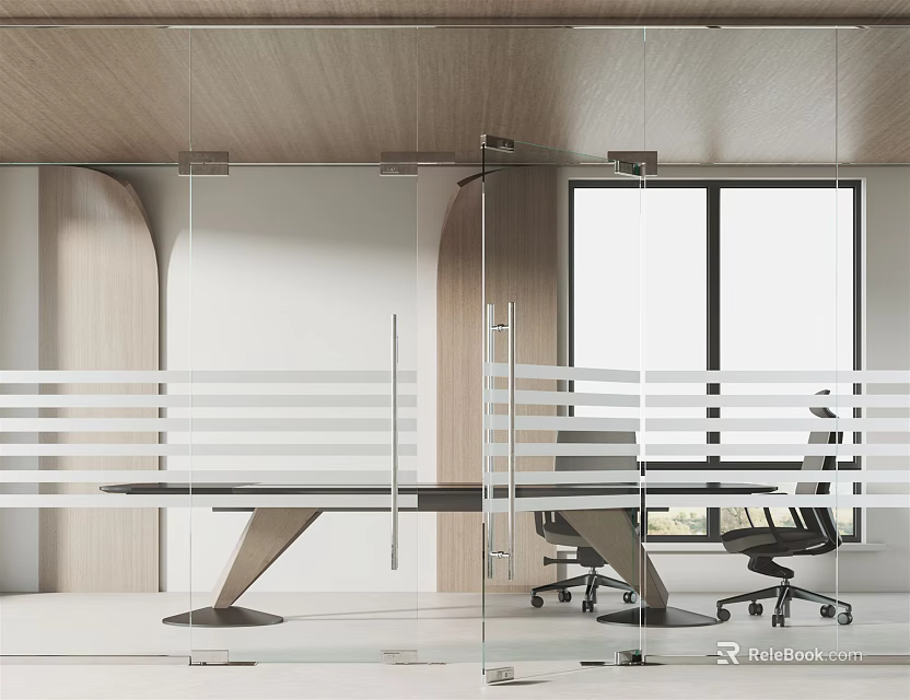Modern Office Interior With Glass Partition Long Table Office Chairs And Large Windows 3d model 