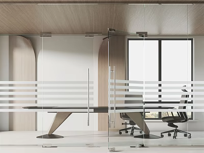 Modern Office Interior With Glass Partition Long Table Office Chairs And Large Windows 3d model