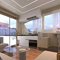 Modern Elegant Living Room Interior With Beige Sofa Wooden Floor Large Windows And TV
