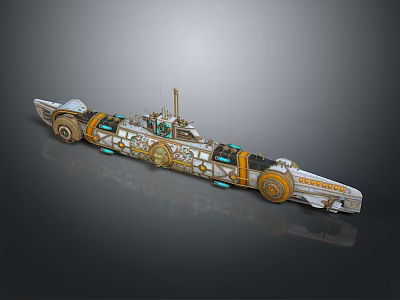 Futuristic Spaceship Model With Orange Blue Details Streamlined Circular Mechanical Parts Dark Gradient Background 3d model