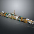 Futuristic Spaceship Model With Orange Blue Details Streamlined Circular Mechanical Parts Dark Gradient Background