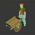 Golden Statue of Man Pushing Shiny Metallic Wheelbarrow with Smooth Surface
