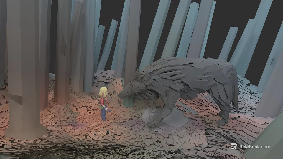 Young Girl And Giant Wolf Game Characters In Mysterious Tall Forest 3d model 