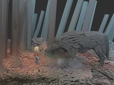 Young Girl And Giant Wolf Game Characters In Mysterious Tall Forest 3d model