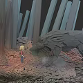 Young Girl And Giant Wolf Game Characters In Mysterious Tall Forest