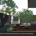 Courtyard Garden Design With Lush Green Trees Waterfall Feature And Wooden Deck Lighting