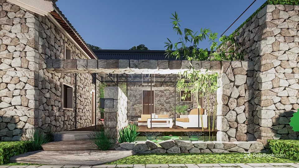 Serene Garden Landscape Featuring Stone Walls Wooden Corridor Bamboo and Water Pond 3d model 