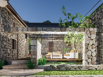 Serene Garden Landscape Featuring Stone Walls Wooden Corridor Bamboo and Water Pond 3d model