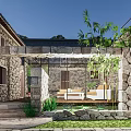 Serene Garden Landscape Featuring Stone Walls Wooden Corridor Bamboo and Water Pond