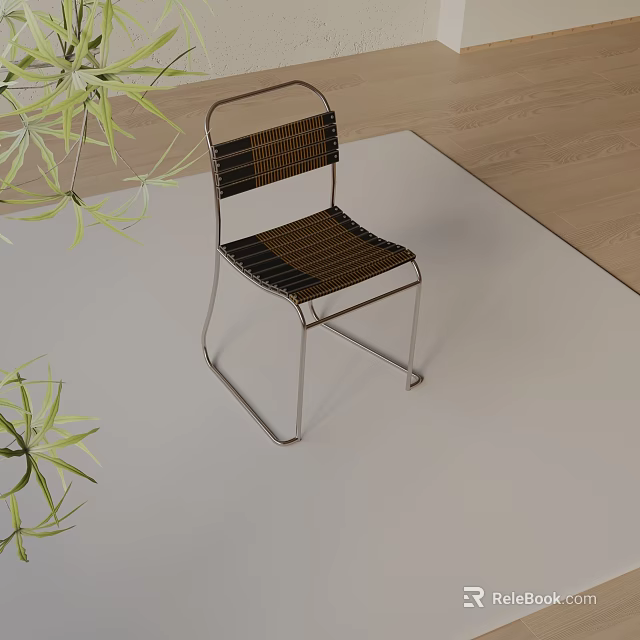 Modern Leisure Chair with Metal Frame and Woven Design Near Green Plants on Wooden Floor 3d model 