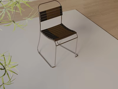 Modern Leisure Chair with Metal Frame and Woven Design Near Green Plants on Wooden Floor 3d model