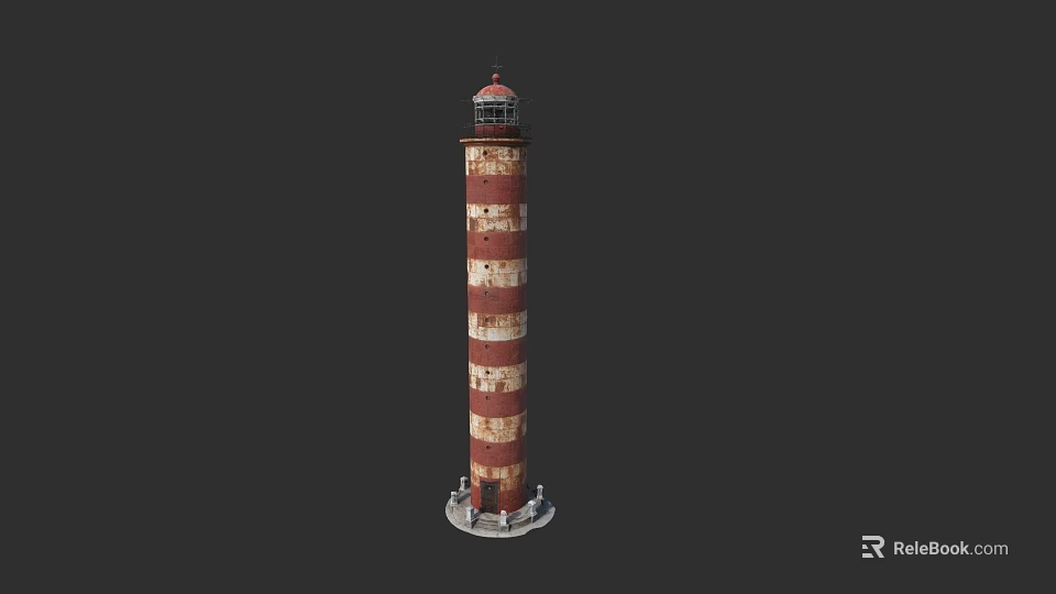 Garden Landscape Featuring Red And White Striped Lighthouse With Lantern Room And Base 3d model 