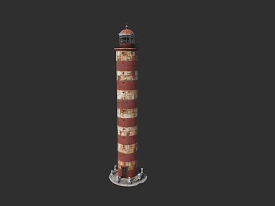 Garden Landscape Featuring Red And White Striped Lighthouse With Lantern Room And Base 3d model
