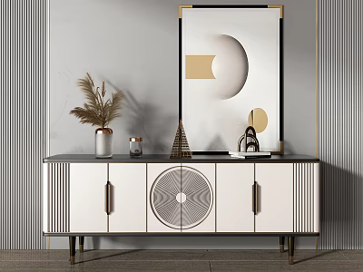 Modern White Black TV Stand With Decorative Circular Door Design And Geometric Wall Art 3d model