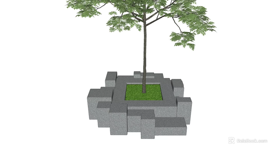 Tree Pit With Grey Block Structure Surrounding Green Grass And Central Tree 3d model