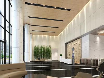 Modern Shower Sauna Lobby Interior With Marble Walls Glass Windows Sofa And Reception Desk 3d model