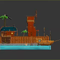 Modern Tropical Scene With Wooden Buildings Palm Trees Wooden Bridge Boat And Water Area