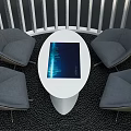 Circular Office Booth With Wooden Frame Table And Chairs And Digital Screen