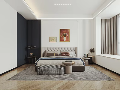 Modern Bedroom Design With Tufted Headboard Checkered Bench Nightstands Floral Paintings And Herringbone Flooring 3d model