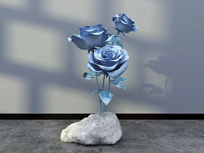 Floral Decoration With Three Blue Roses On Stone Base And Gray Background Shadow 3d model