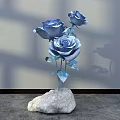 Floral Decoration With Three Blue Roses On Stone Base And Gray Background Shadow