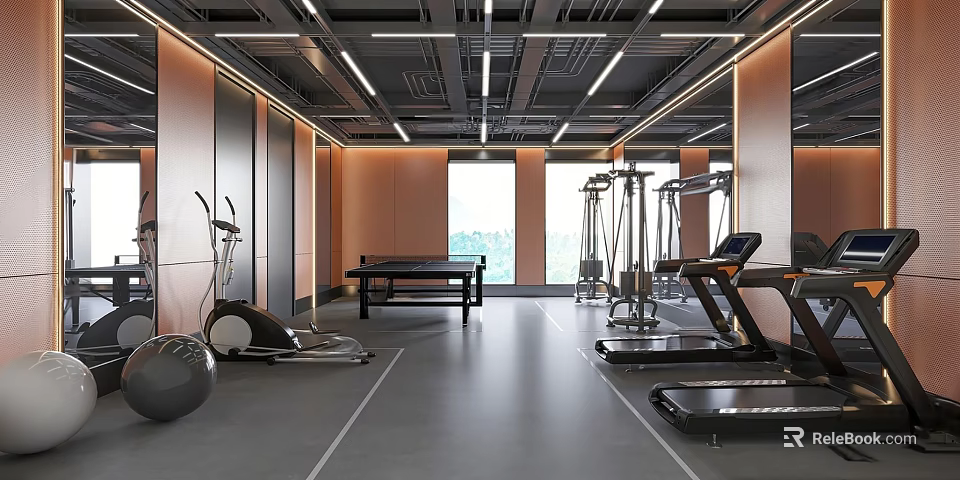 Modern Gym Interior With Various Fitness Equipment 3d model 