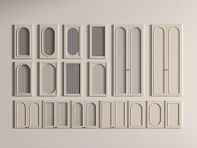 Various Wardrobe Doors with Different Designs Arranged on Light Colored Background 3d model