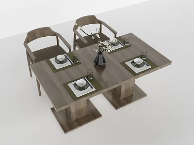 Modern Wooden Dining Table Set With Chairs Tableware And Flower Vase 3d model