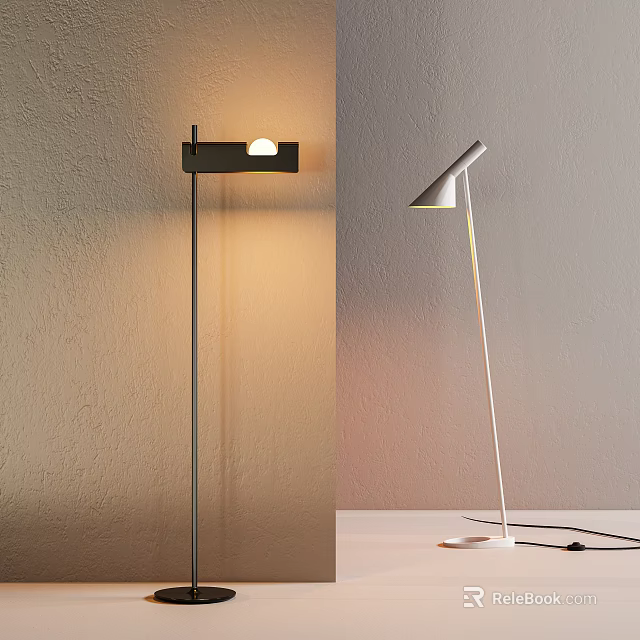 Modern Black And White Floor Lamps With Square Shade Tilted Head And Warm Light 3d model 