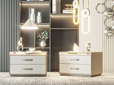 Modern Bedside Tables Two Drawers Design With Bookshelf Decorations And Hanging Lighting 3d model