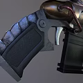 Futuristic Tactical Weapon With Black Canister Yellow Warning Symbol Bat Design And Metallic Grip