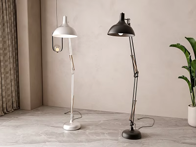 White And Black Modern Floor Lamps With Metal Poles On Gray Floor With Green Plant 3d model