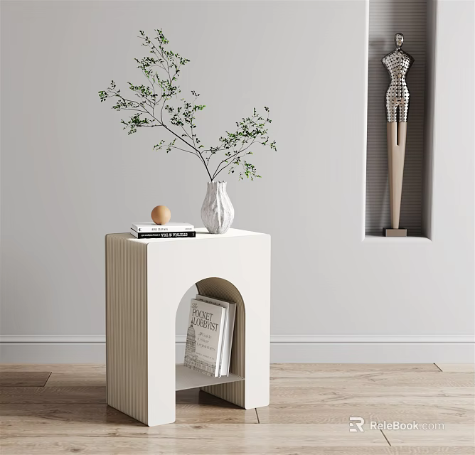 Modern White Side Table With Vase Green Leaves And Books On Arched Shelf 3d model 