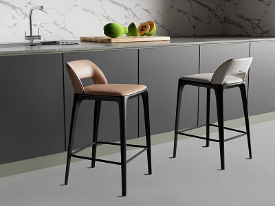 Modern Kitchen Bar Stools In Brown And White With Marble Countertop Black Cabinets 3d model
