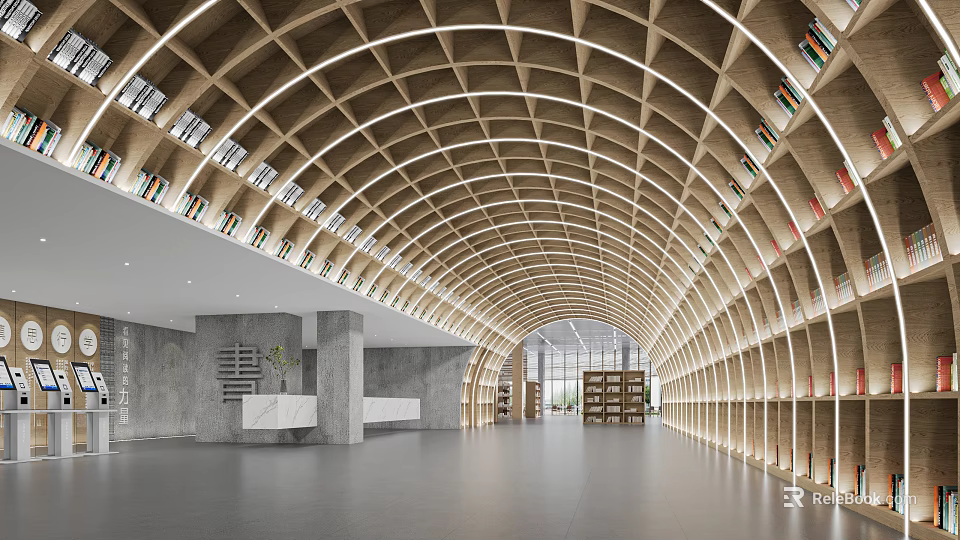 Book Art Inspired Library Interior Design With Arched Wooden Ceiling And Shelves Filled With Books 3d model 