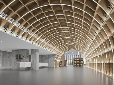 Book Art Inspired Library Interior Design With Arched Wooden Ceiling And Shelves Filled With Books 3d model