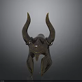 Ornate Horned Helmet With Golden Curved Horns And Silver Metallic Surface