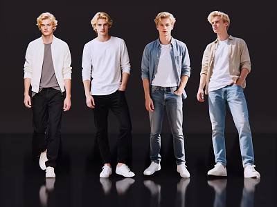 Four Young Men in Different Casual Styles Standing Together with White Shoes 3d model