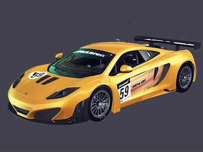 Yellow McLaren Race Car Featuring Number 59 And Aerodynamic Rear Wing Design 3d model