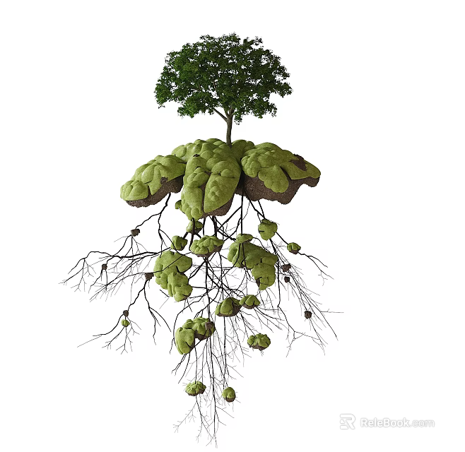Floating Landmass With Tree Roots And Green Growths 3d model