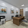 Office Meeting Room With Wooden Table Black Chairs Framed Pictures Blue Curtains And Window