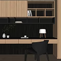 Modern Wooden Desk Featuring Built-in Cabinets Bookshelf Table Lamp Green Plant And Black Chair