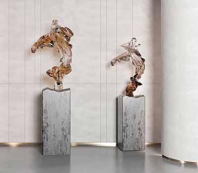 Abstract Modern Sculptures With Dynamic Flowing Forms On Gray Pedestals Against Neutral Wall 3d model
