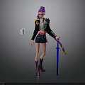 3D Character With Purple Hair Black Jacket Shorts White Cup Blue Staff Pink Striped Boots