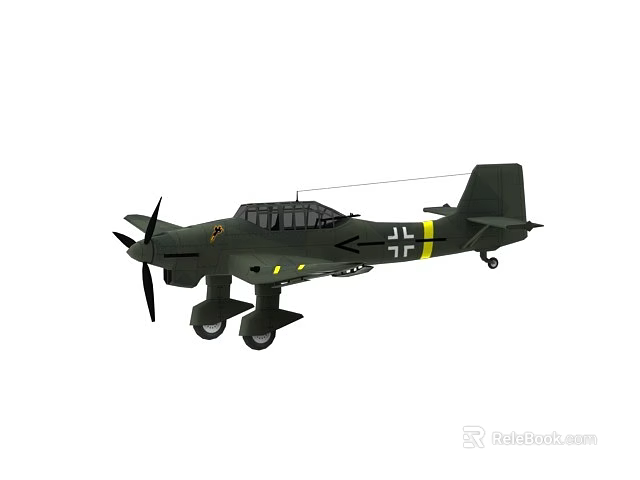 Vintage Green Fighter Aircraft With Propeller Black Cross Insignia And Yellow Stripe 3d model 
