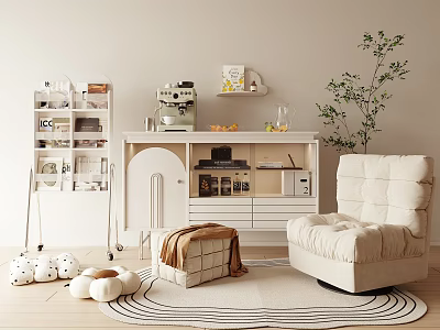 Beige Upholstered Ottoman Stool in Cozy Living Room with Storage Cabinet Coffee Machine Green Plant 3d model