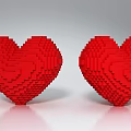 Two Red Heart Shaped Art Installations With Pixelated Block Design 3d model