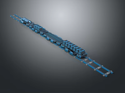 Detailed Blue 3D Model Train With Multiple Carriages On Railway Track 3d model