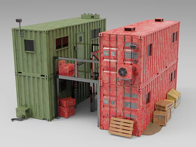 Industrial Storage Equipment Featuring Green Red Containers Cargo Boxes And Wooden Pallets 3d model